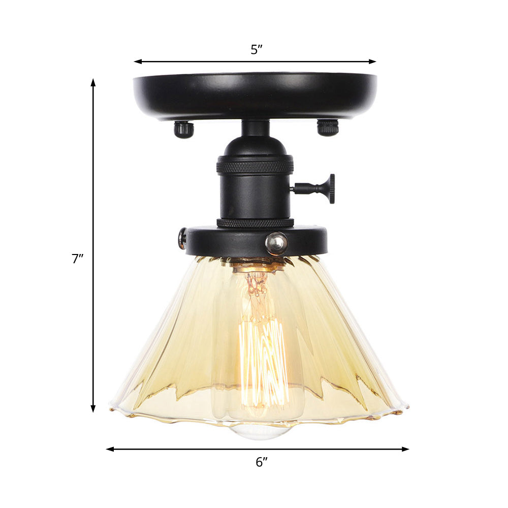 1 Bulb Semi Flush Mount Clear/Amber Glass Industrial Cone/Rhombus/Bell Ceiling Light for Kitchen