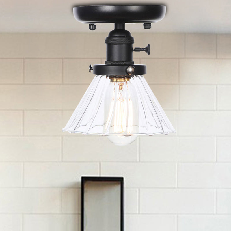 1 Bulb Semi Flush Mount Clear/Amber Glass Industrial Cone/Rhombus/Bell Ceiling Light for Kitchen