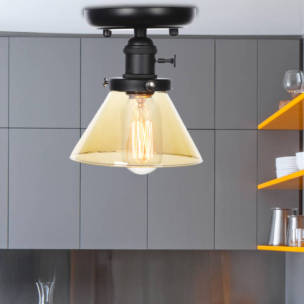 1 Bulb Semi Flush Mount Clear/Amber Glass Industrial Cone/Rhombus/Bell Ceiling Light for Kitchen