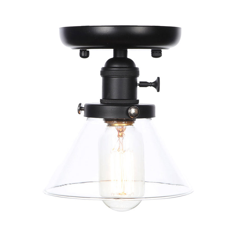 1 Bulb Semi Flush Mount Clear/Amber Glass Industrial Cone/Rhombus/Bell Ceiling Light for Kitchen