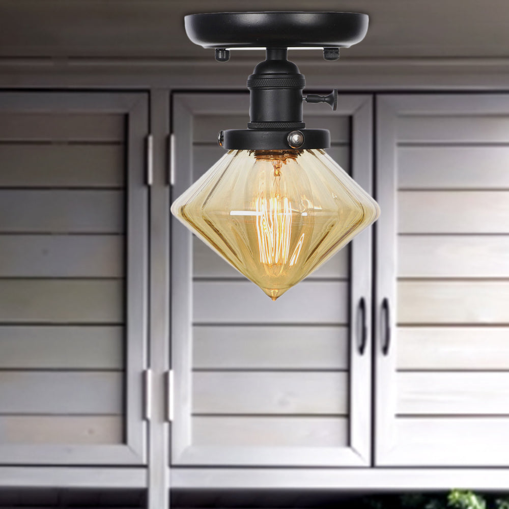 1 Bulb Semi Flush Mount Clear/Amber Glass Industrial Cone/Rhombus/Bell Ceiling Light for Kitchen