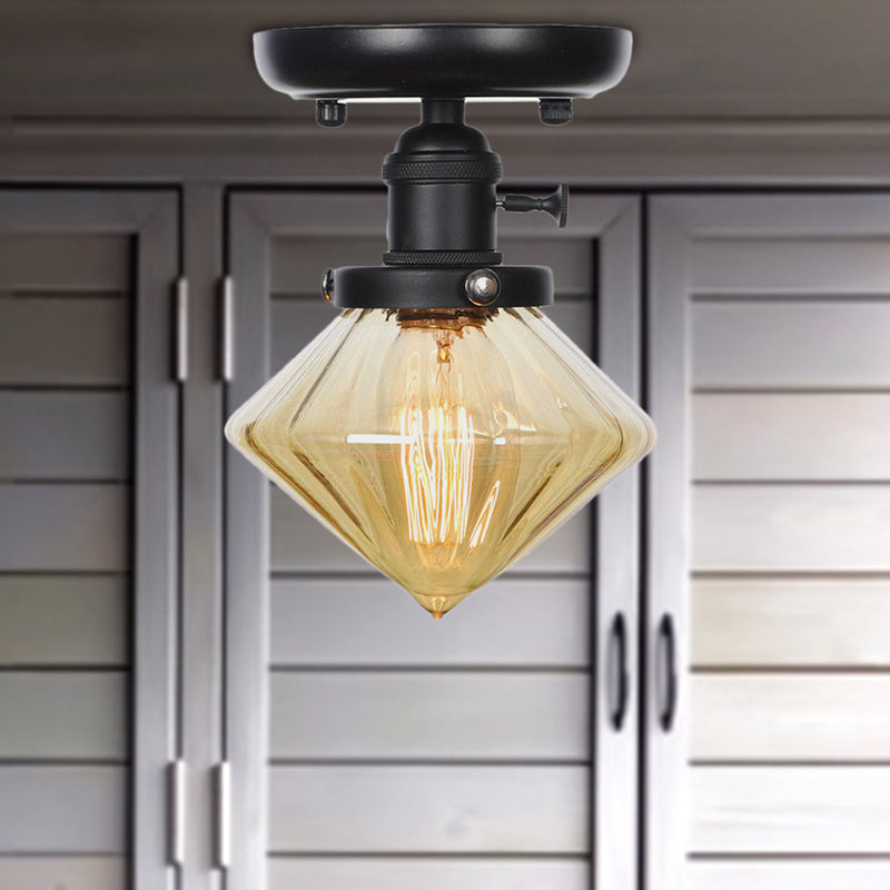 1 Bulb Semi Flush Mount Clear/Amber Glass Industrial Cone/Rhombus/Bell Ceiling Light for Kitchen