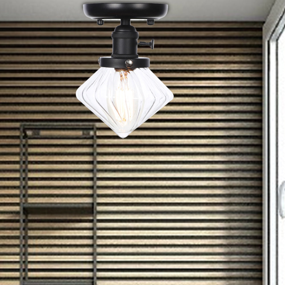 1 Bulb Semi Flush Mount Clear/Amber Glass Industrial Cone/Rhombus/Bell Ceiling Light for Kitchen