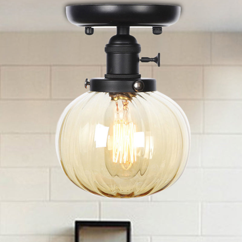 Black 1 Light Ceiling Mount Clear/Amber Glass Industrial Round/Globe Semi Flush Light for Kitchen