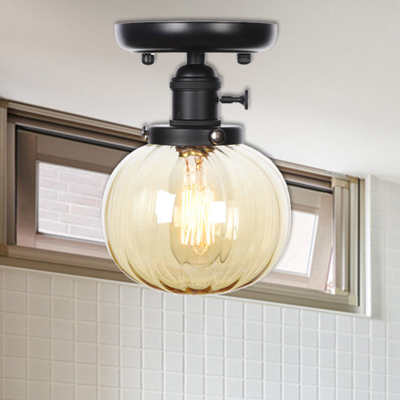 Black 1 Light Ceiling Mount Clear/Amber Glass Industrial Round/Globe Semi Flush Light for Kitchen