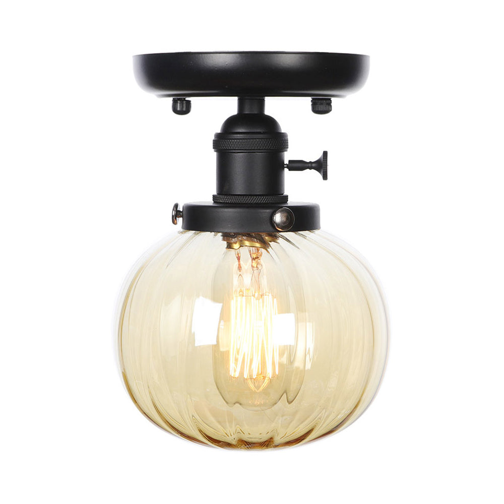 Black 1 Light Ceiling Mount Clear/Amber Glass Industrial Round/Globe Semi Flush Light for Kitchen