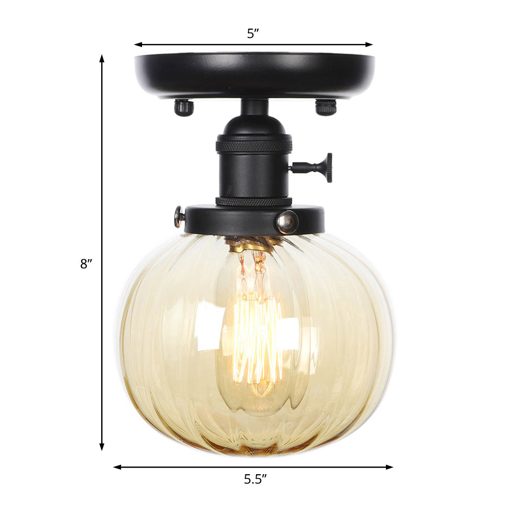 Black 1 Light Ceiling Mount Clear/Amber Glass Industrial Round/Globe Semi Flush Light for Kitchen