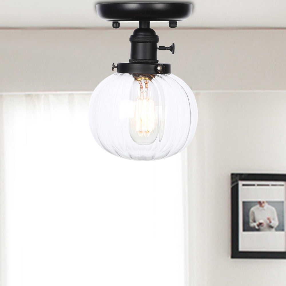 Black 1 Light Ceiling Mount Clear/Amber Glass Industrial Round/Globe Semi Flush Light for Kitchen