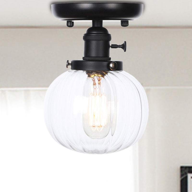 Black 1 Light Ceiling Mount Clear/Amber Glass Industrial Round/Globe Semi Flush Light for Kitchen