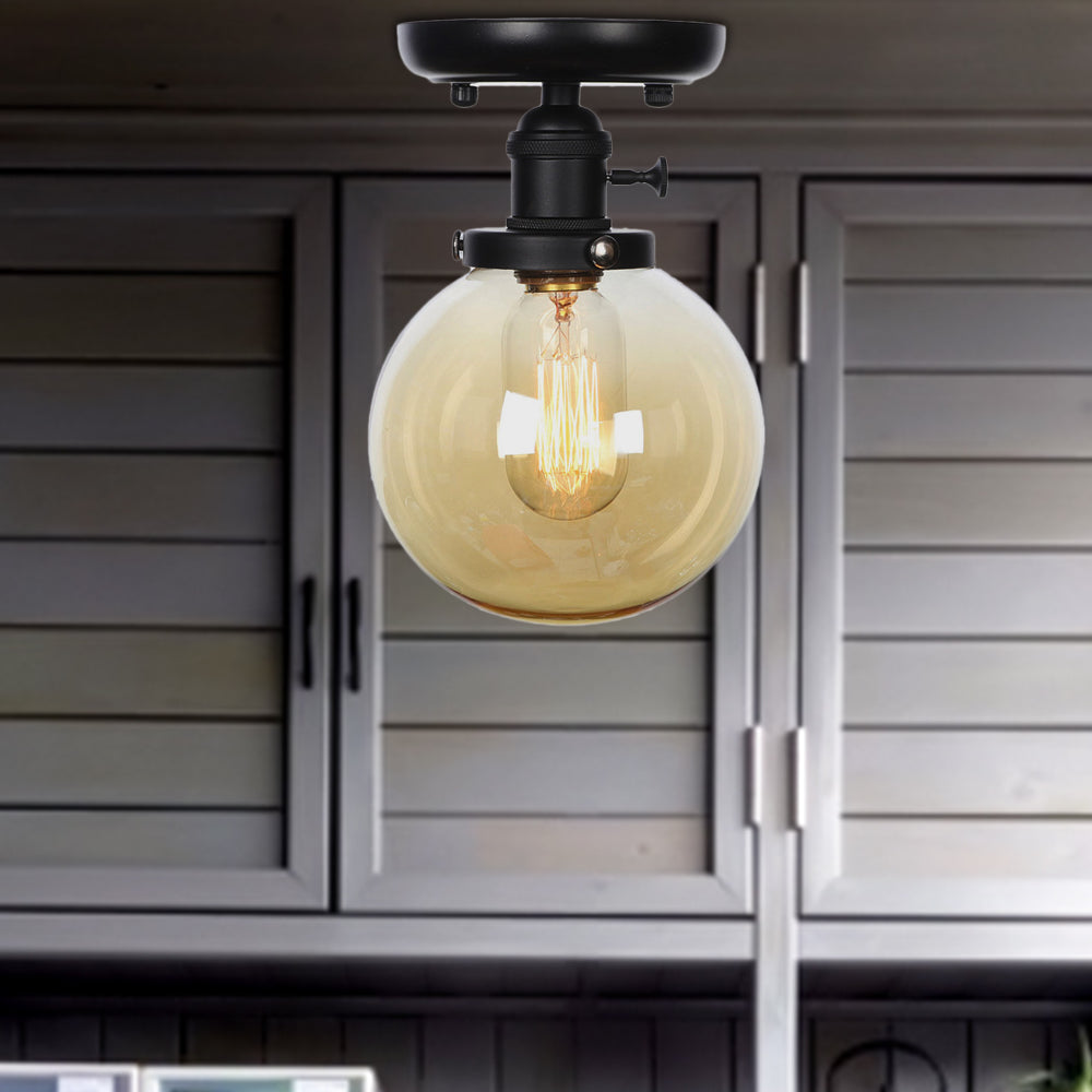 Black 1 Light Ceiling Mount Clear/Amber Glass Industrial Round/Globe Semi Flush Light for Kitchen