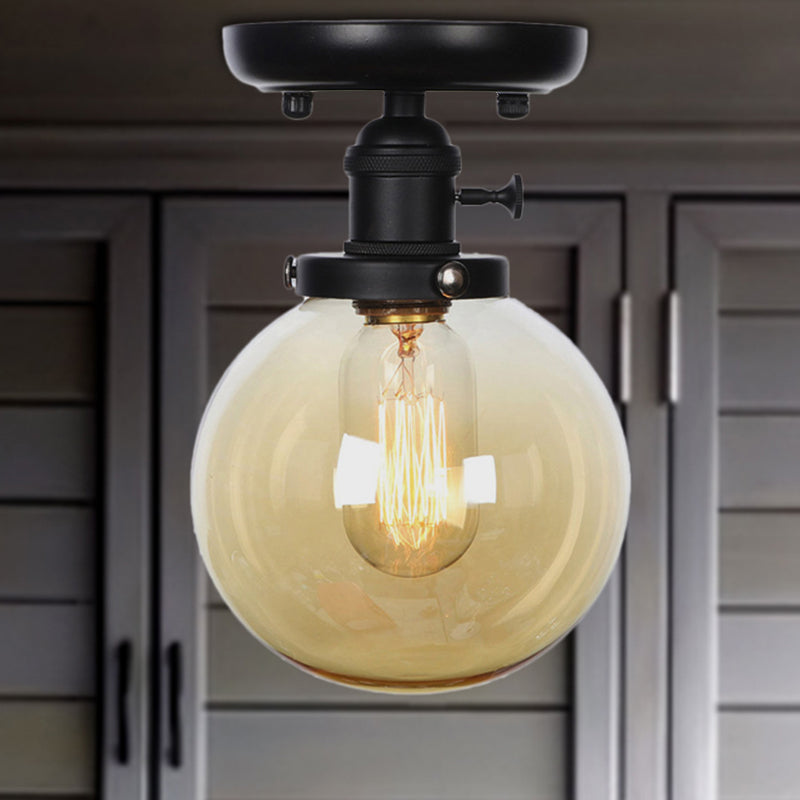 Black 1 Light Ceiling Mount Clear/Amber Glass Industrial Round/Globe Semi Flush Light for Kitchen