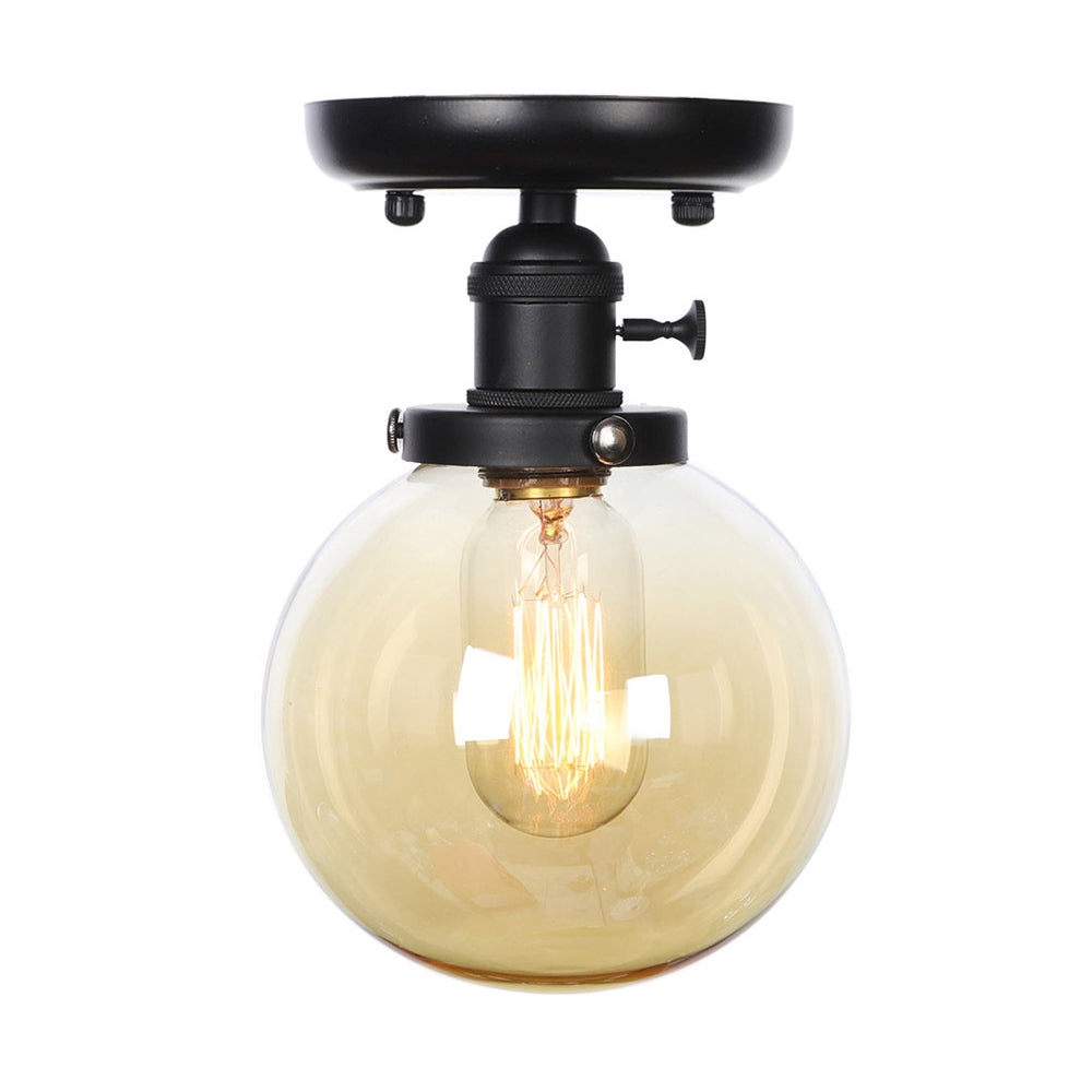 Black 1 Light Ceiling Mount Clear/Amber Glass Industrial Round/Globe Semi Flush Light for Kitchen