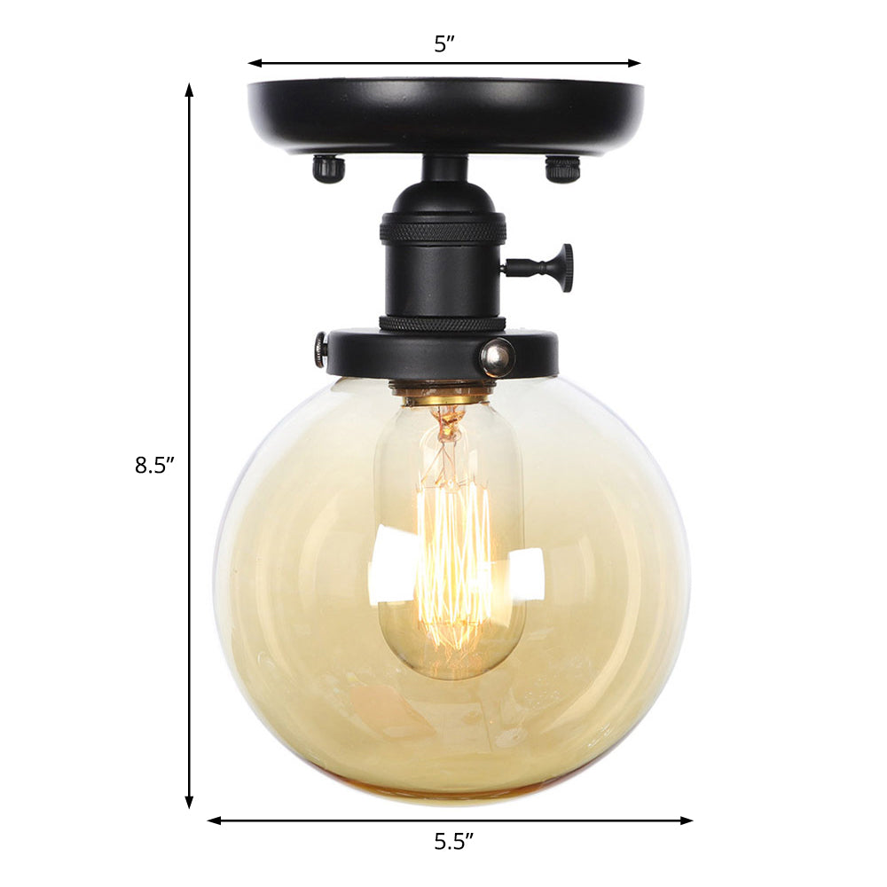 Black 1 Light Ceiling Mount Clear/Amber Glass Industrial Round/Globe Semi Flush Light for Kitchen