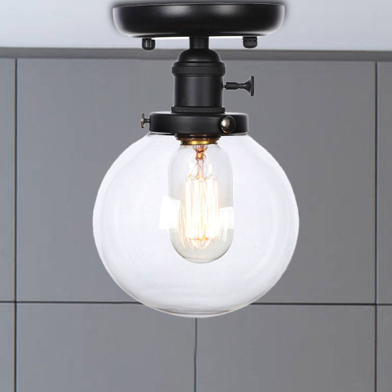 Black 1 Light Ceiling Mount Clear/Amber Glass Industrial Round/Globe Semi Flush Light for Kitchen