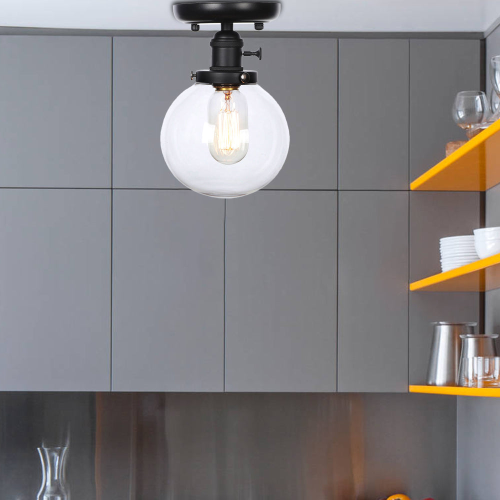 Black 1 Light Ceiling Mount Clear/Amber Glass Industrial Round/Globe Semi Flush Light for Kitchen