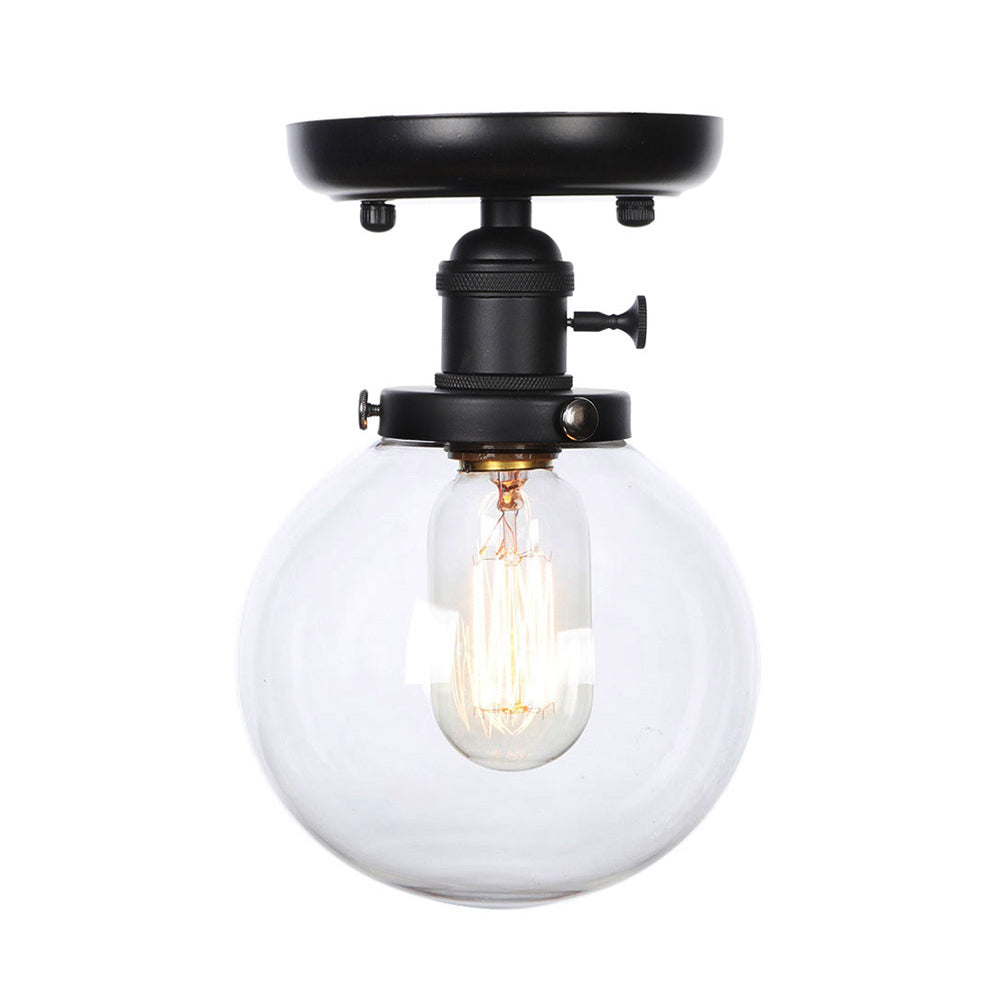 Black 1 Light Ceiling Mount Clear/Amber Glass Industrial Round/Globe Semi Flush Light for Kitchen