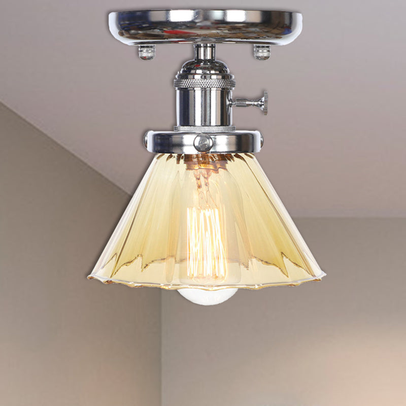 1 Bulb Semi Flush Mount Cone/Bell/Rhombus Industrial Clear/Amber Glass Ceiling Light in Chrome