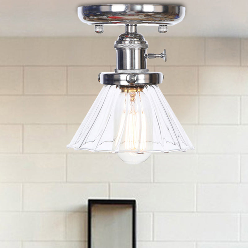 1 Bulb Semi Flush Mount Cone/Bell/Rhombus Industrial Clear/Amber Glass Ceiling Light in Chrome