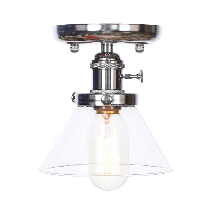 1 Bulb Semi Flush Mount Cone/Bell/Rhombus Industrial Clear/Amber Glass Ceiling Light in Chrome