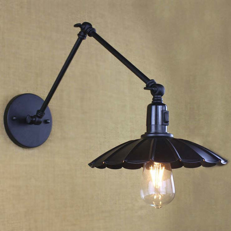 Black/White Scalloped Wall Light with Swing Arm Vintage Stylish Metal 1 Bulb Living Room Wall Sconce Lighting