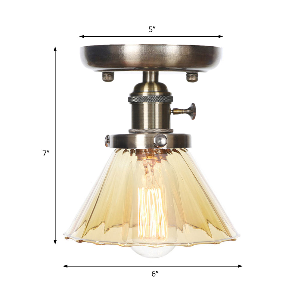 1 Light Ceiling Lighting Industrial Cone/Bell/Rhombus Clear/Amber Glass Semi Flush Mount Light in Bronze