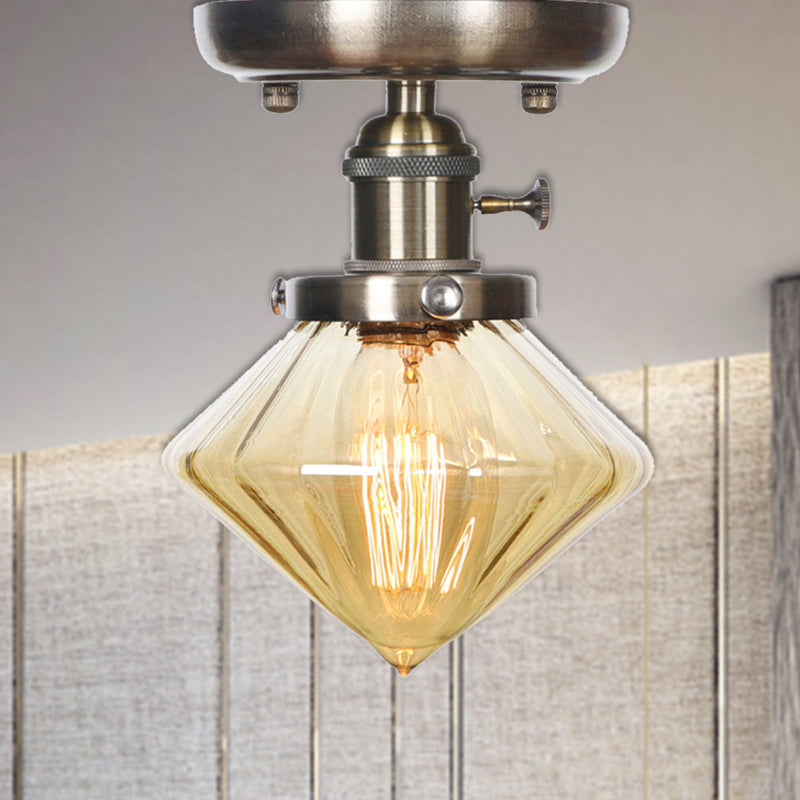1 Lichte plafondverlichting Industriële kegel/bel/rhombus Clear/Amber Glass Semi Flush Mount Light in brons