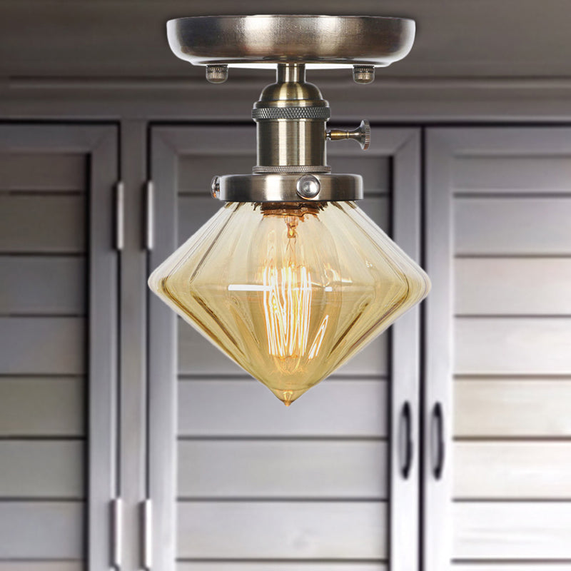 1 Light Ceiling Lighting Industrial Cone/Bell/Rhombus Clear/Amber Glass Semi Flush Mount Light in Bronze