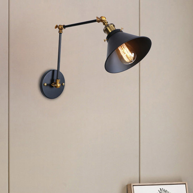 Conic Study Room Wall Sconce Industrial Metallic 1 Bulb Black/Brass Wall Lamp with Swing Arm
