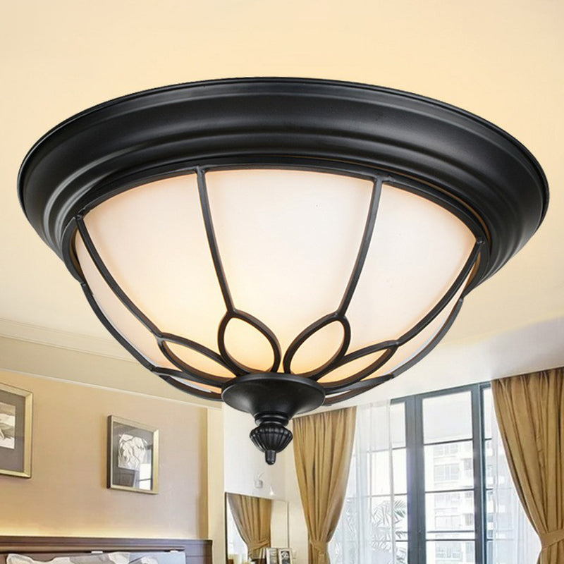 2 Bulbs Flush Mount Lighting Retro Floral Iron Flush Mount Ceiling Light with Bowl Opal Glass Shade in Black