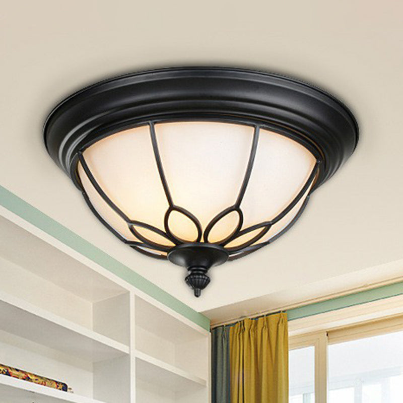 2 Bulbs Flush Mount Lighting Retro Floral Iron Flush Mount Ceiling Light with Bowl Opal Glass Shade in Black