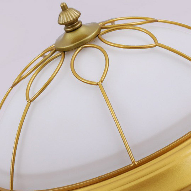 Dome Milky Glass Flush Light Rustic Bedroom LED Flush Ceiling Light Fixture with Floral Frame in Gold