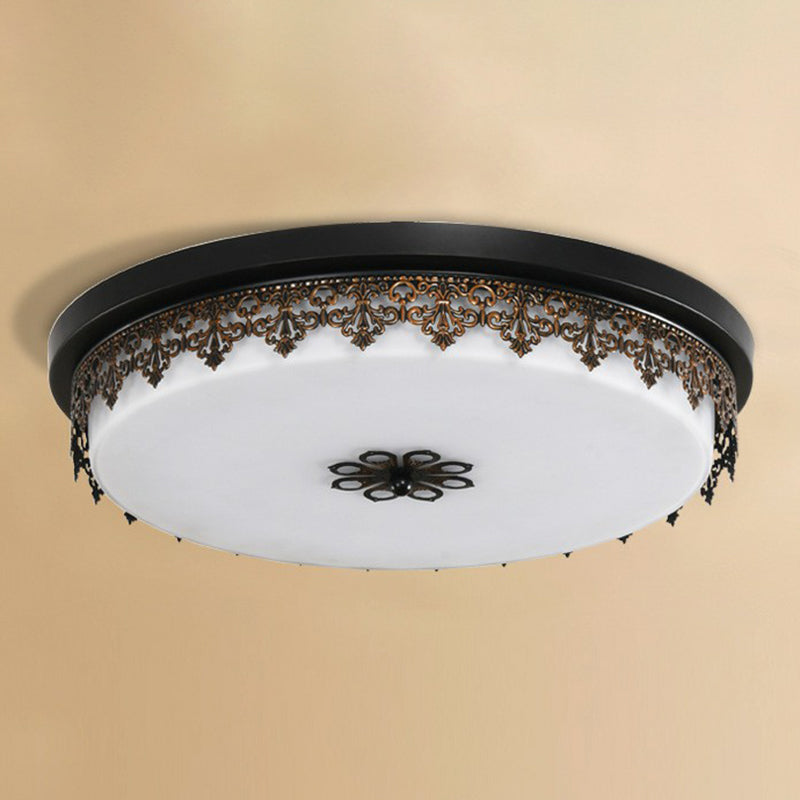 Drum Shaped Opal Glass LED Flush Ceiling Light Vintage Bedroom Flush Mount Lighting Fixture with Floral Decor in Black
