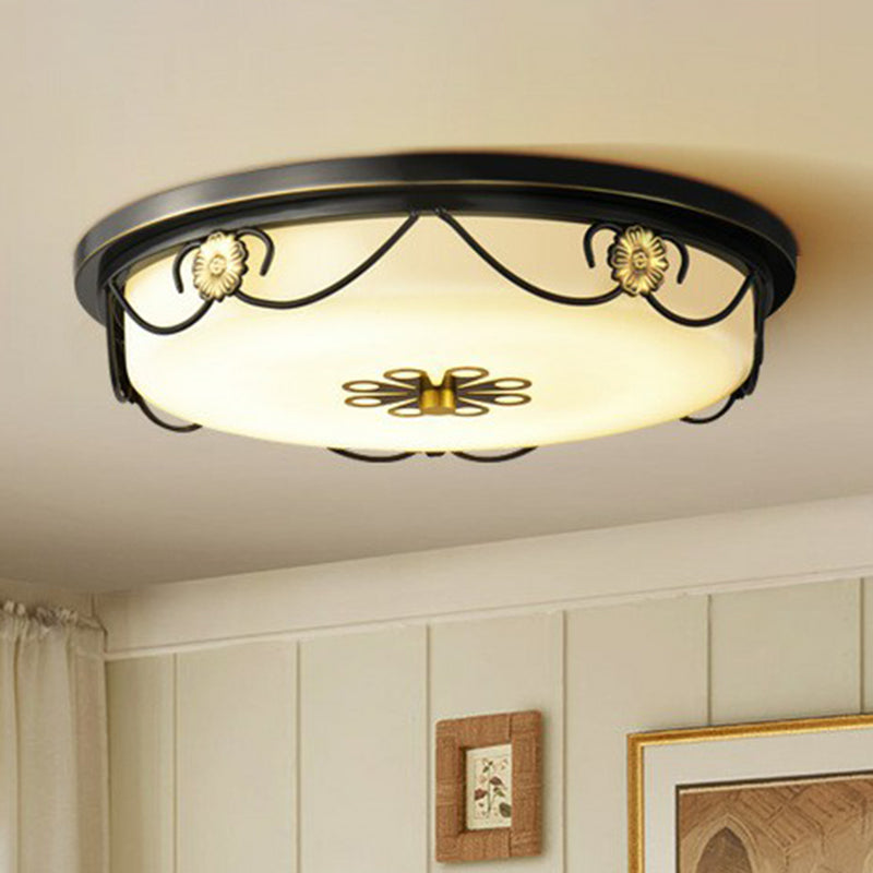 Cream Glass Round LED Flush Mount Lighting Retro Bedroom Flush Mount Ceiling Light in Black
