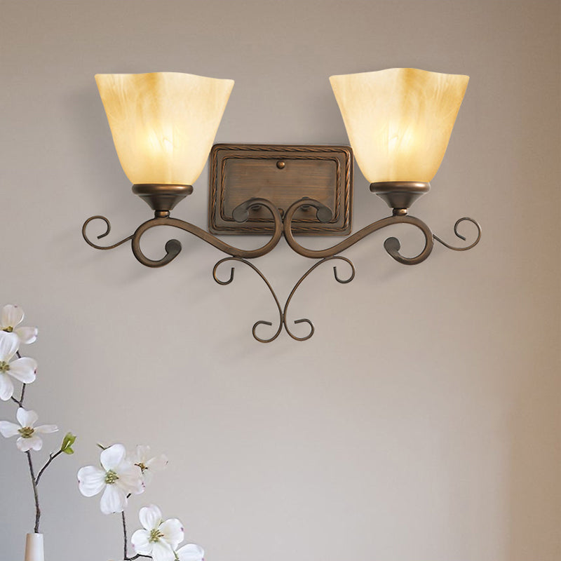 Beige Glass Bell Shaped Wall Lamp Rustic 2 Heads Bedroom Wall Light Fixture in Brown