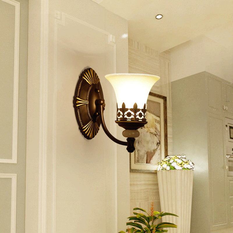 Flared Shade Beige Glass Wall Mount Light Retro Living Room Wall Lighting with Filigree in Dark Brown