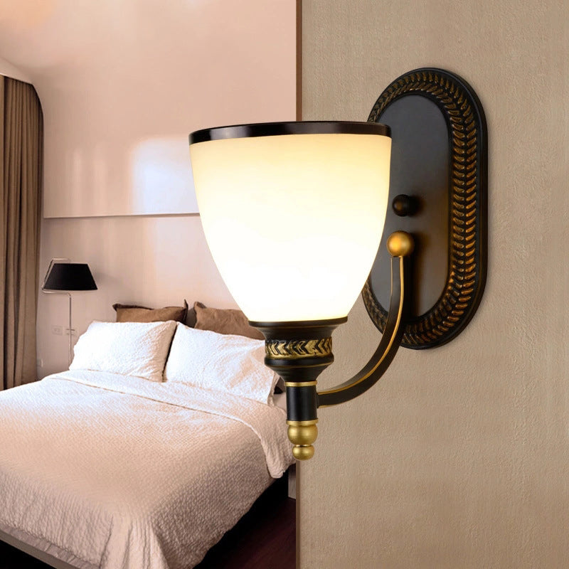 Black Bell Shaped Wall Lamp Rustic White Frost Glass Living Room Wall Light Fixture