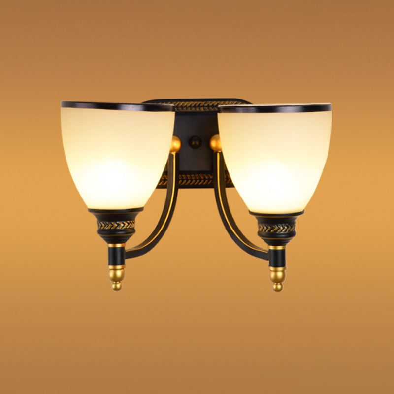 Black Bell Shaped Wall Lamp Rustic White Frost Glass Living Room Wall Light Fixture