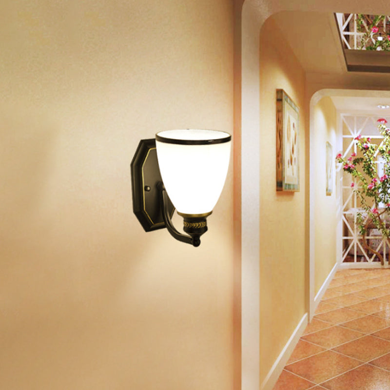 Bell Shape Living Room Wall Light Classic Cream Glass Black Wall Lighting Fixture