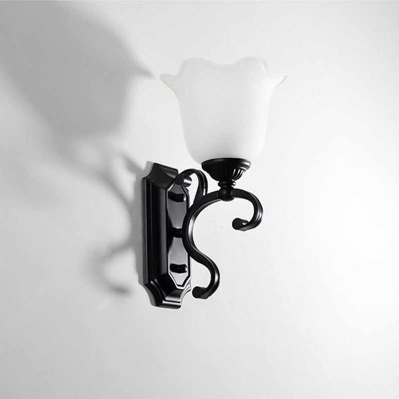 Frost Glass Black Wall Light Fixture Flower Shaped Vintage Wall Mounted Lamp for Bedroom