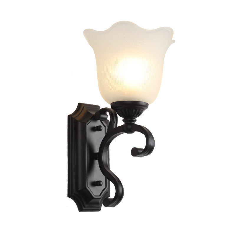 Frost Glass Black Wall Light Fixture Flower Shaped Vintage Wall Mounted Lamp for Bedroom