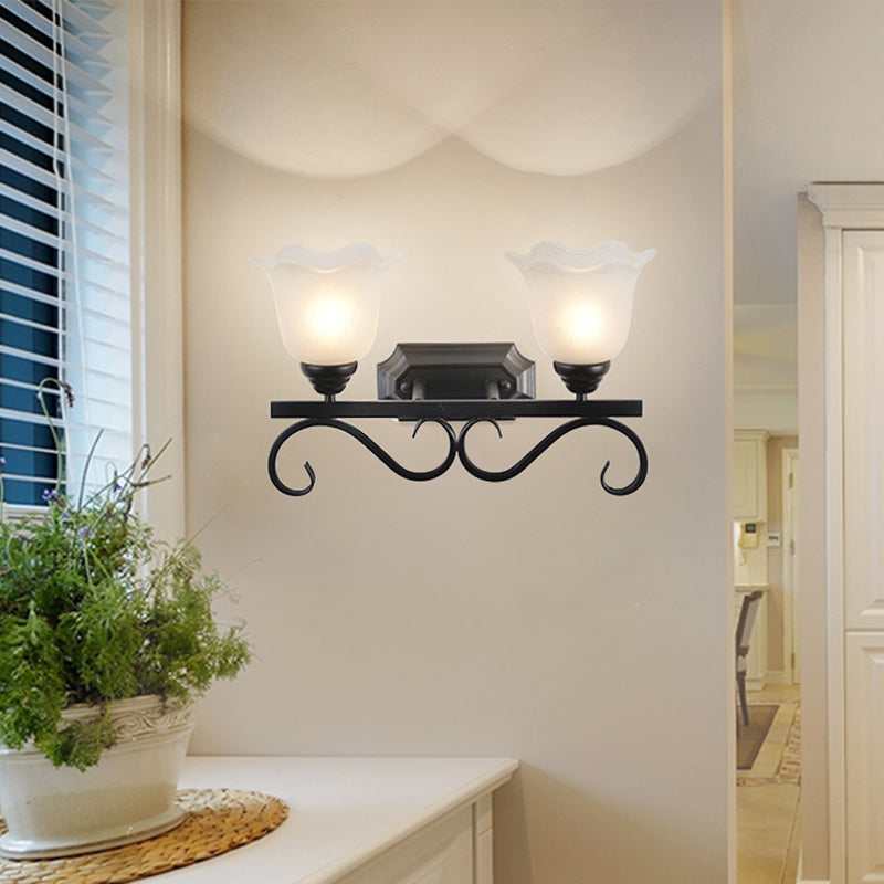 Frost Glass Black Wall Light Fixture Flower Shaped Vintage Wall Mounted Lamp for Bedroom