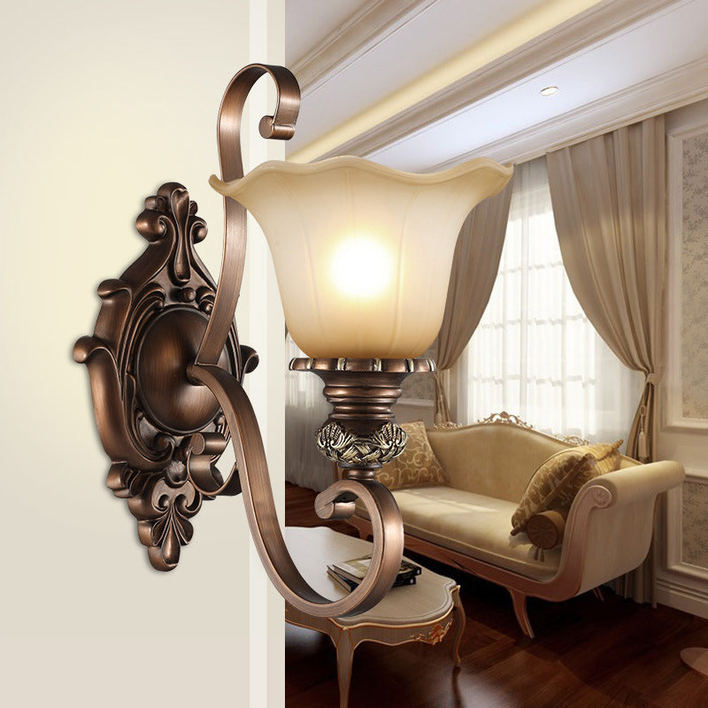 Frosted Glass Floral Shade Wall Light Classic Living Room Wall Lighting Fixture in Brown