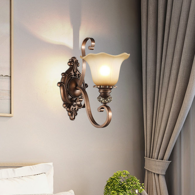 Frosted Glass Floral Shade Wall Light Classic Living Room Wall Lighting Fixture in Brown