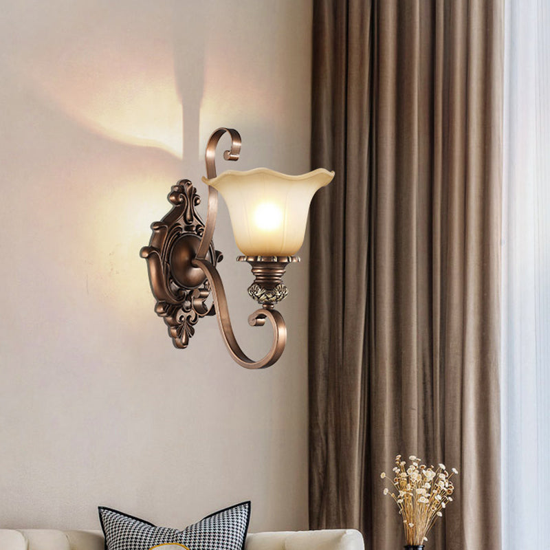Frosted Glass Floral Shade Wall Light Classic Living Room Wall Lighting Fixture in Brown