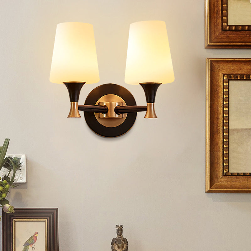 Brass Tapered Shade Wall Mount Light Traditional Cream Glass Corridor Wall Light Fixture