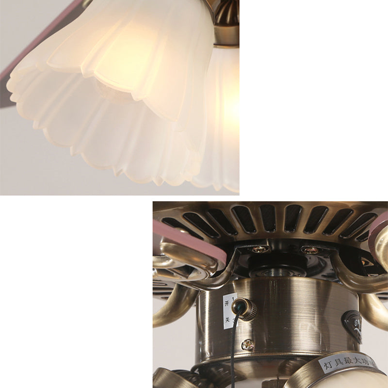 5-Blade Brass Floral Shade Hanging Fan Lamp Classic Frost Glass 3 Bulbs Living Room Semi Flush Light, 42.5" W