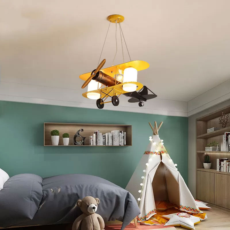 Aircraft Shaped Metal LED Lighting Fixture Modern Yellow Chandelier Light for Child Room
