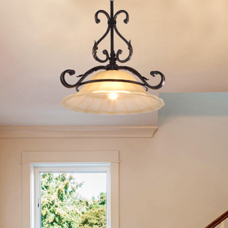 Curved Iron Suspension Lighting Classic 1 Head Dining Room Pendant Ceiling Light with Distressed White Glass Shade