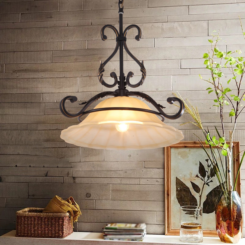 Curved Iron Suspension Lighting Classic 1 Head Dining Room Pendant Ceiling Light with Distressed White Glass Shade