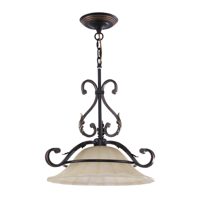 Curved Iron Suspension Lighting Classic 1 Head Dining Room Pendant Ceiling Light with Distressed White Glass Shade